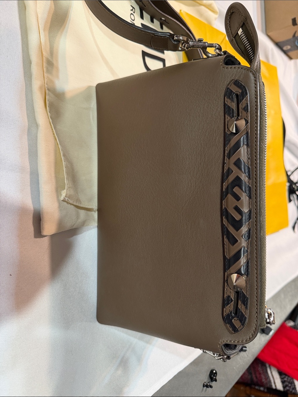 Fendi Taupe By The Way Boston Leather Crossbody with Black Patterned Trim